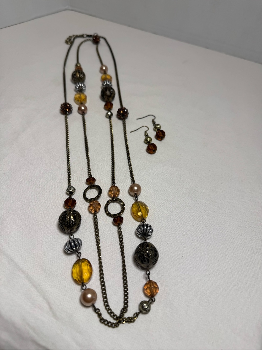 Boho Multi Strand Beaded Necklace & Earring Set Earth Tone Bronze Amber